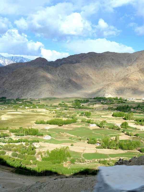 "A scenic view of the verdant fields and scattered houses in the valley of Leh-Ladakh, with barren mountains rising in the background under a partly cloudy sky."